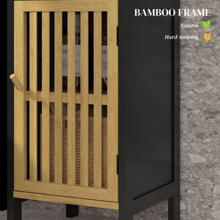 Homcom Slim Bathroom Storage Cabinet, Small Bamboo Bathroom Cabinet With Open Compartment And Adjustable Shelf, Black