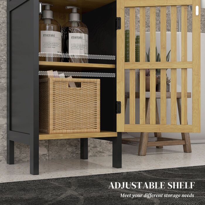 Homcom Slim Bathroom Storage Cabinet, Small Bamboo Bathroom Cabinet With Open Compartment And Adjustable Shelf, Black