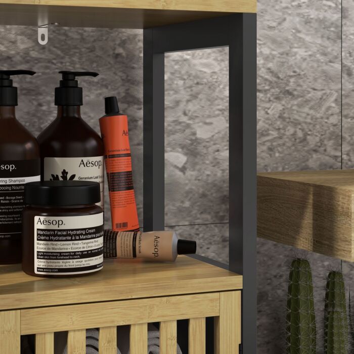 Homcom Slim Bathroom Storage Cabinet, Small Bamboo Bathroom Cabinet With Open Compartment And Adjustable Shelf, Black
