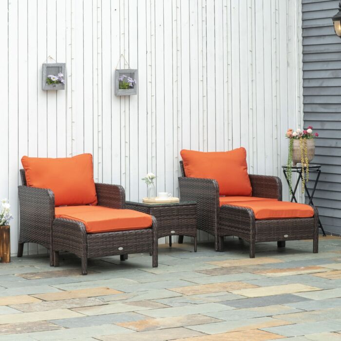Outsunny 5 Pcs Pe Rattan Garden Furniture Set, 2 Armchairs 2 Stools Glass Top Table Cushions Wicker Weave Chairs Outdoor Seating, Brown