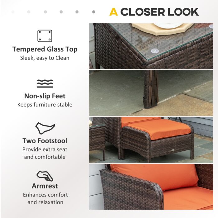 Outsunny 5 Pcs Pe Rattan Garden Furniture Set, 2 Armchairs 2 Stools Glass Top Table Cushions Wicker Weave Chairs Outdoor Seating, Brown
