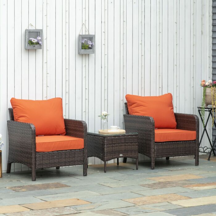 Outsunny 5 Pcs Pe Rattan Garden Furniture Set, 2 Armchairs 2 Stools Glass Top Table Cushions Wicker Weave Chairs Outdoor Seating, Brown