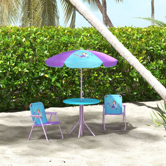Outsunny Kids Picnic Table And Chair Set, Fairy Themed Outdoor Garden Furniture W/ Foldable Chairs, Adjustable Parasol