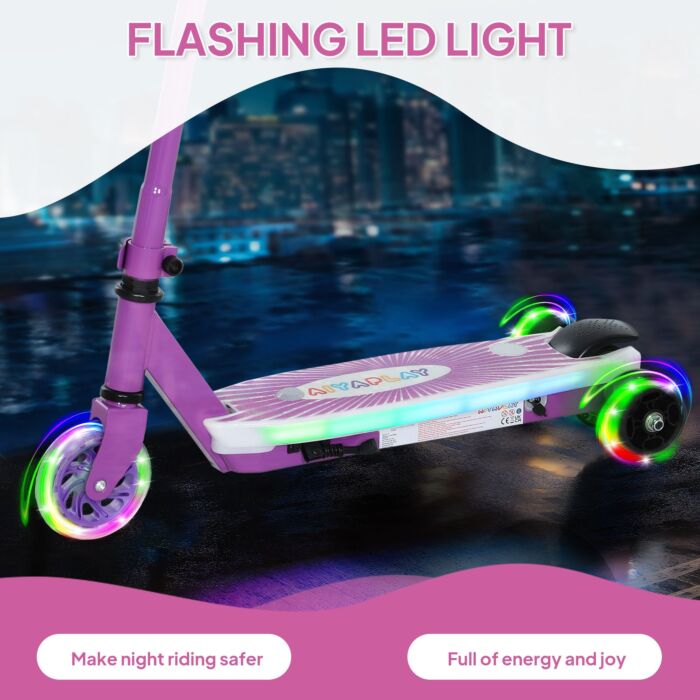 Aiyaplay Electric Scooter For Kids Ages 4-7, With Auxiliary Rear Wheels, Flashing Led Light And Electric Brake, Kids Electric Scooter For Boys Girls, 6 Km/h & 8 Km, Purple
