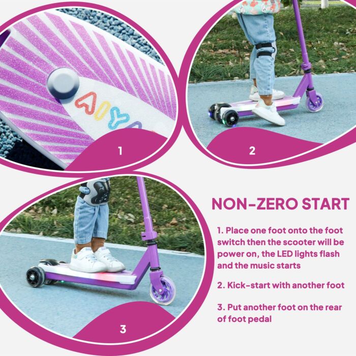 Aiyaplay Electric Scooter For Kids Ages 4-7, With Auxiliary Rear Wheels, Flashing Led Light And Electric Brake, Kids Electric Scooter For Boys Girls, 6 Km/h & 8 Km, Purple
