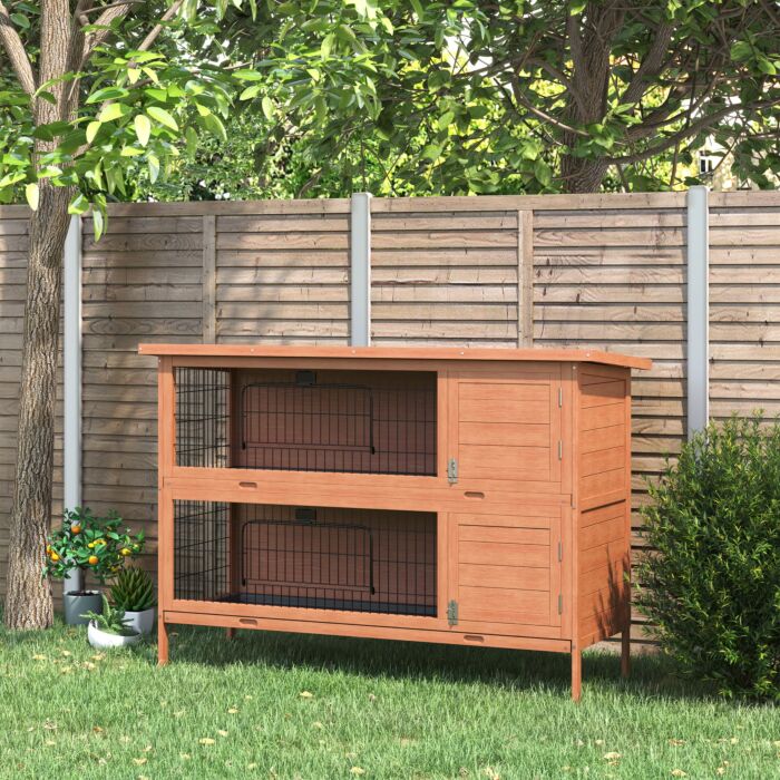 Pawhut Double Decker Rabbit Hutch 4ft Guinea Pig Cage With No Leak Trays, Orange