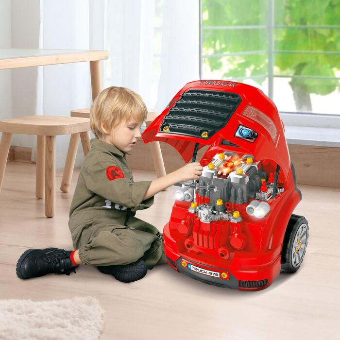 Homcom Kids Toy Truck Set, Toddler Educational Car Service Station Playset, Take Apart Workshop, W/ Rc Car Key, Light, For 3-5 Years Old Red