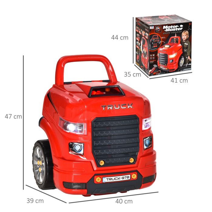 Homcom Kids Toy Truck Set, Toddler Educational Car Service Station Playset, Take Apart Workshop, W/ Rc Car Key, Light, For 3-5 Years Old Red