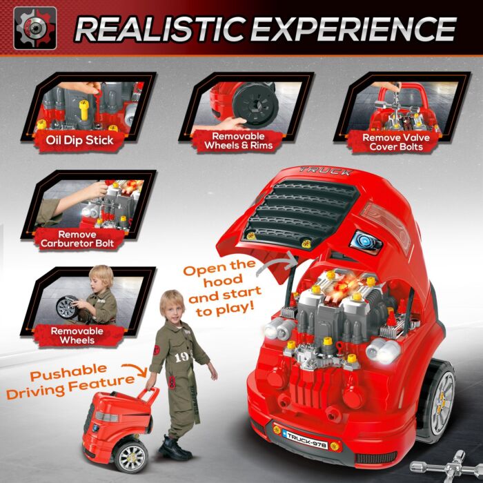 Homcom Kids Toy Truck Set, Toddler Educational Car Service Station Playset, Take Apart Workshop, W/ Rc Car Key, Light, For 3-5 Years Old Red