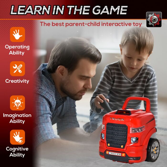 Homcom Kids Toy Truck Set, Toddler Educational Car Service Station Playset, Take Apart Workshop, W/ Rc Car Key, Light, For 3-5 Years Old Red