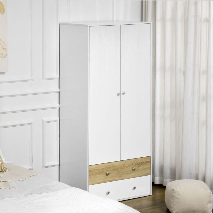 Homcom 2 Door Wardrobe White Wardrobe With Drawers And Hanging Rod For Bedroom Clothes Organisation And Storage