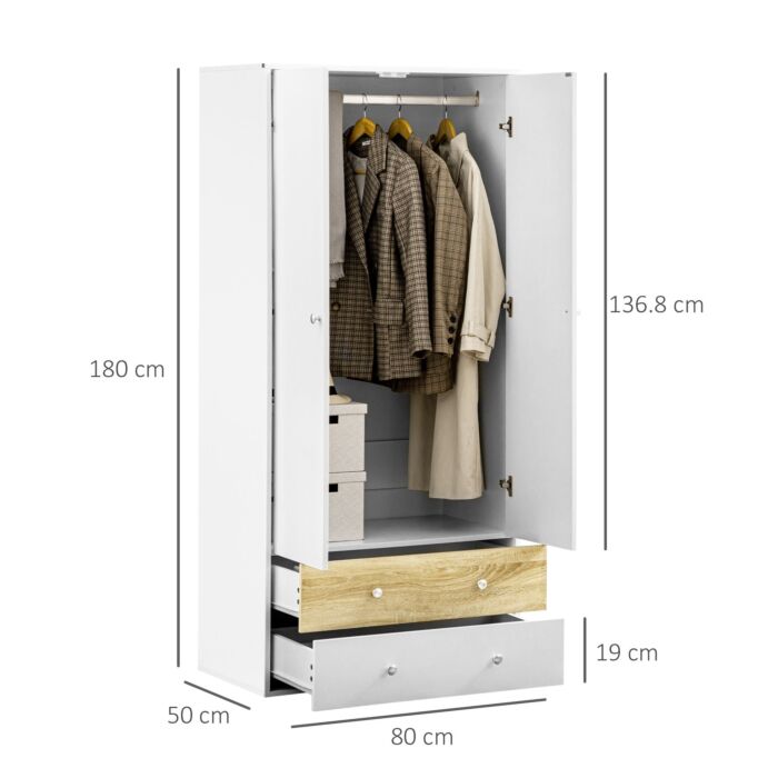Homcom 2 Door Wardrobe White Wardrobe With Drawers And Hanging Rod For Bedroom Clothes Organisation And Storage