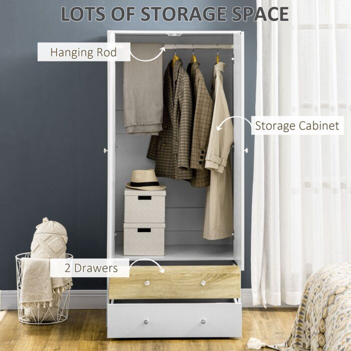 Homcom 2 Door Wardrobe White Wardrobe With Drawers And Hanging Rod For Bedroom Clothes Organisation And Storage