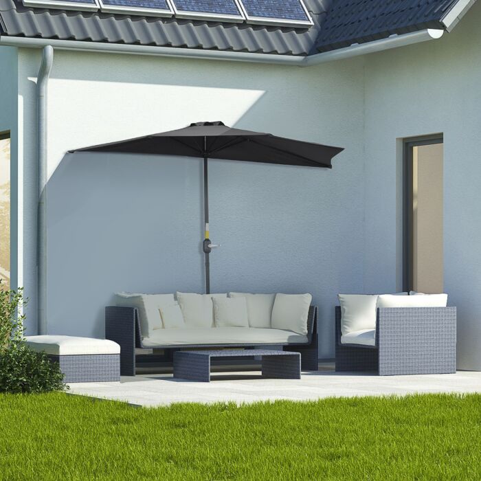 Outsunny 2.7m Balcony Half Parasol 5 Steel Ribs Construction Garden Outdoor Umbrella Black