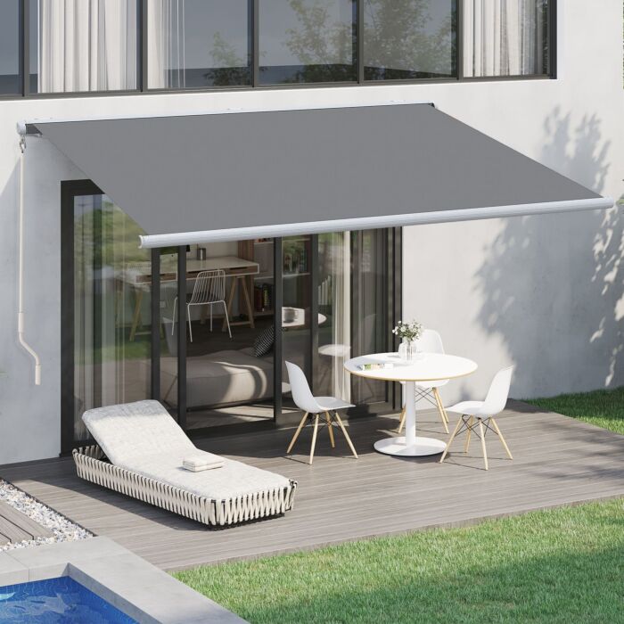 Outsunny 4 X 3 M Full Cassette Electric/manual Retractable Awning With Led Light And Remote Controller, Sun Canopies For Patio Door Window, Grey