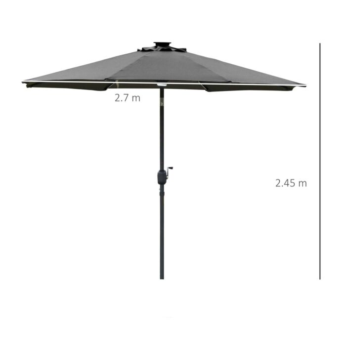 Outsunny 2.7m Garden Parasol Sun Umbrella Patio Summer Shelter W/ Led Solar Light, Angled Canopy Vent, Crank Tilt, Grey
