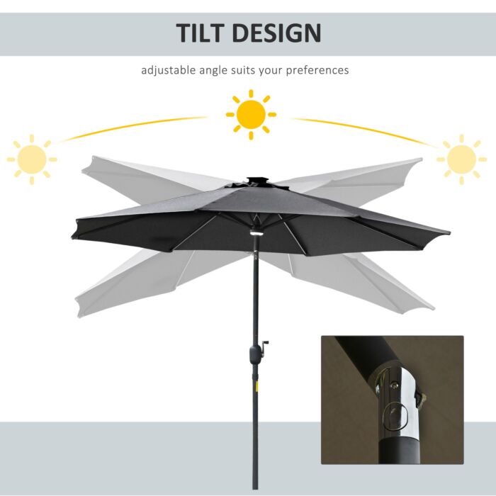 Outsunny 2.7m Garden Parasol Sun Umbrella Patio Summer Shelter W/ Led Solar Light, Angled Canopy Vent, Crank Tilt, Grey