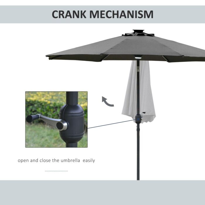 Outsunny 2.7m Garden Parasol Sun Umbrella Patio Summer Shelter W/ Led Solar Light, Angled Canopy Vent, Crank Tilt, Grey