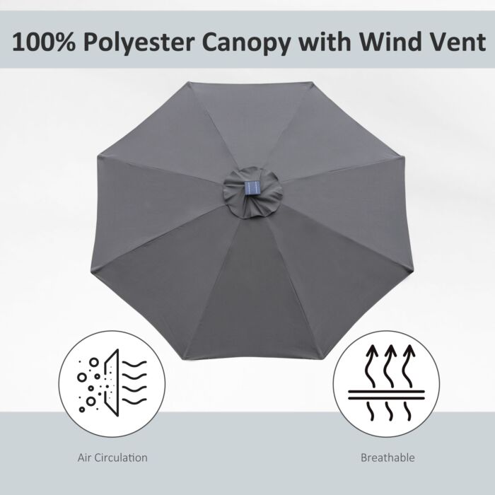 Outsunny 2.7m Garden Parasol Sun Umbrella Patio Summer Shelter W/ Led Solar Light, Angled Canopy Vent, Crank Tilt, Grey
