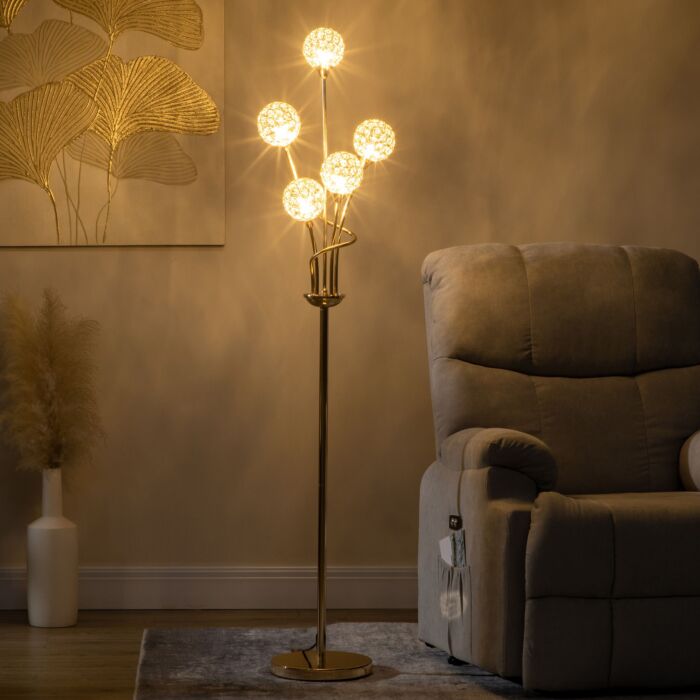 Homcom Crystal Floor Lamps For With 5 Light, Modern Upright Standing Lamp, 34x25x156cm, Gold Tone