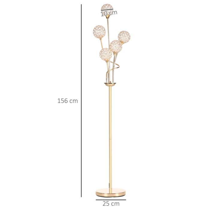 Homcom Crystal Floor Lamps For With 5 Light, Modern Upright Standing Lamp, 34x25x156cm, Gold Tone