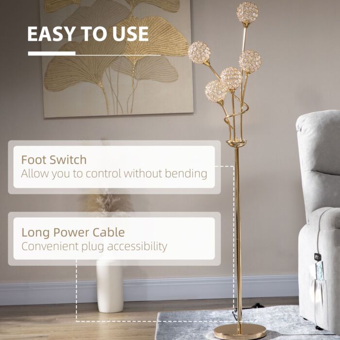 Homcom Crystal Floor Lamps For With 5 Light, Modern Upright Standing Lamp, 34x25x156cm, Gold Tone