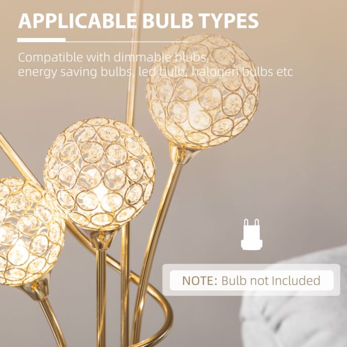 Homcom Crystal Floor Lamps For With 5 Light, Modern Upright Standing Lamp, 34x25x156cm, Gold Tone