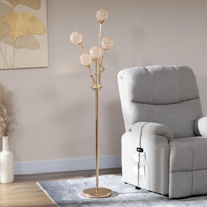 Homcom Crystal Floor Lamps For With 5 Light, Modern Upright Standing Lamp, 34x25x156cm, Gold Tone