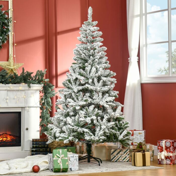 Homcom 6 Foot Snow Flocked Artificial Christmas Tree Xmas Pine Tree With 750 Realistic Branches, Auto Open And Steel Base, Green