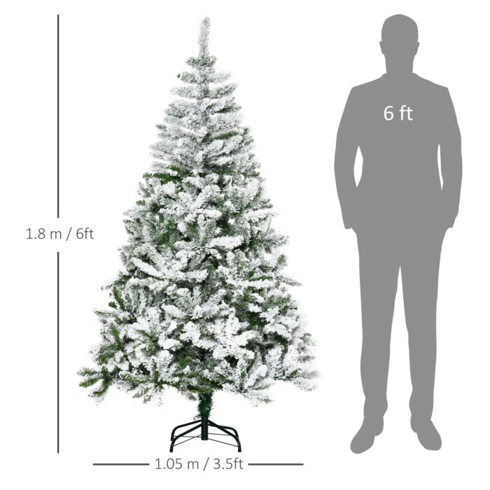 Homcom 6 Foot Snow Flocked Artificial Christmas Tree Xmas Pine Tree With 750 Realistic Branches, Auto Open And Steel Base, Green