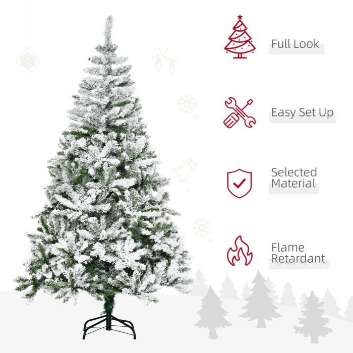 Homcom 6 Foot Snow Flocked Artificial Christmas Tree Xmas Pine Tree With 750 Realistic Branches, Auto Open And Steel Base, Green