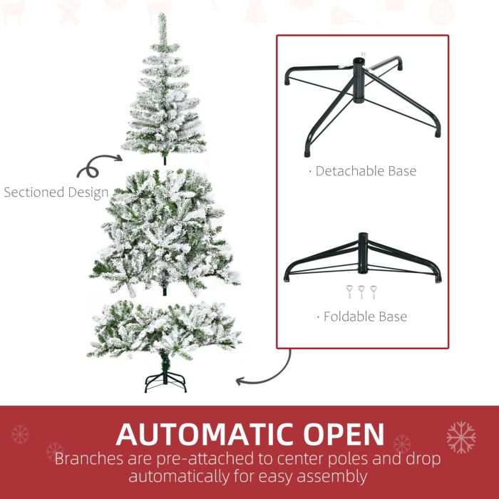 Homcom 6 Foot Snow Flocked Artificial Christmas Tree Xmas Pine Tree With 750 Realistic Branches, Auto Open And Steel Base, Green
