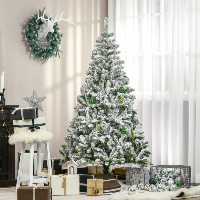 Homcom 6 Foot Snow Flocked Artificial Christmas Tree Xmas Pine Tree With 750 Realistic Branches, Auto Open And Steel Base, Green