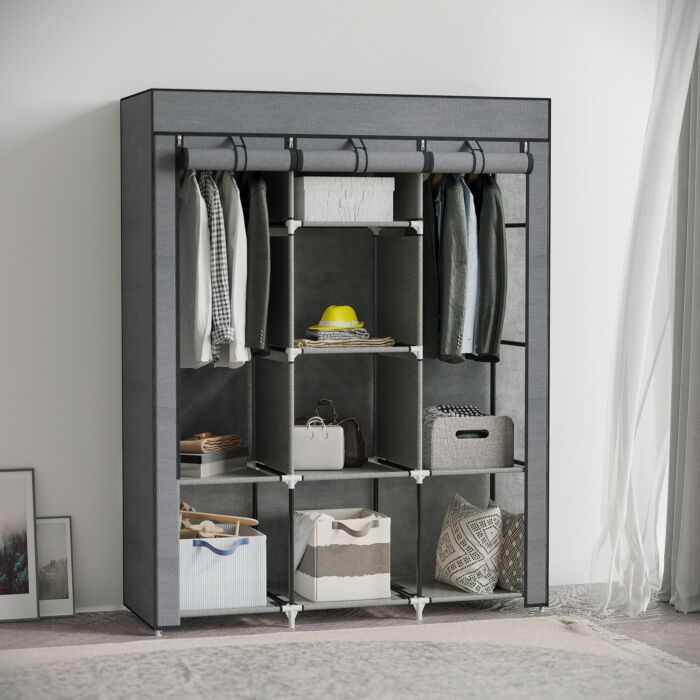 Homcom Fabric Wardrobe, Portable Wardrobe, Clothes Storage Unit With 8 Shelves, 2 Hanging Rods, 125 X 43 X 162.5 Cm, Dark Grey