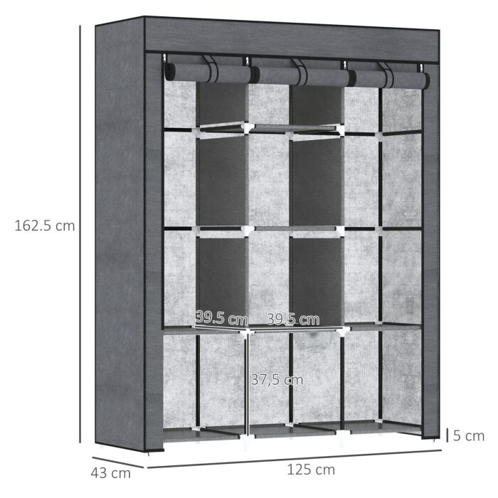 Homcom Fabric Wardrobe, Portable Wardrobe, Clothes Storage Unit With 8 Shelves, 2 Hanging Rods, 125 X 43 X 162.5 Cm, Dark Grey