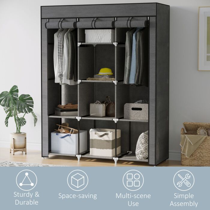 Homcom Fabric Wardrobe, Portable Wardrobe, Clothes Storage Unit With 8 Shelves, 2 Hanging Rods, 125 X 43 X 162.5 Cm, Dark Grey