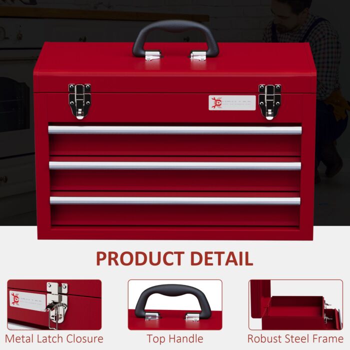 Durhand Lockable Metal Tool Box, 3 Drawer Tool Chest With Latches, Handle, Ball Bearing Runners, Red