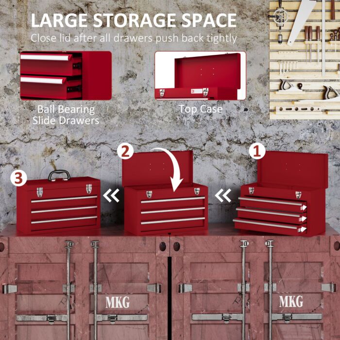 Durhand Lockable Metal Tool Box, 3 Drawer Tool Chest With Latches, Handle, Ball Bearing Runners, Red