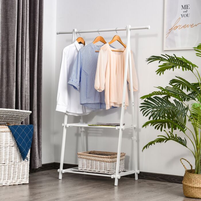 Homcom Minimalist Foldable Adjustable Clothes Rack Hanger W/ 2 Shelves 107.5l X 45w X 150h Cm Hallway Entryway Furniture - White