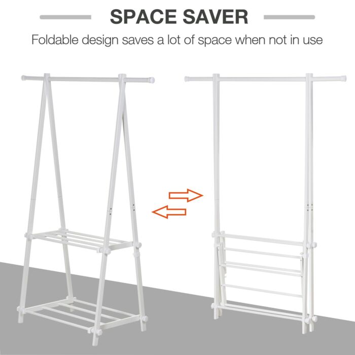 Homcom Minimalist Foldable Adjustable Clothes Rack Hanger W/ 2 Shelves 107.5l X 45w X 150h Cm Hallway Entryway Furniture - White