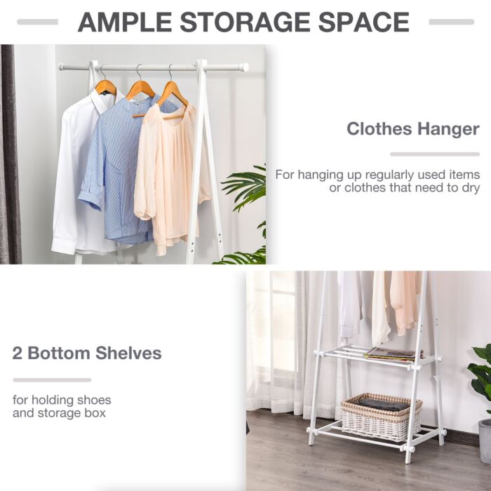 Homcom Minimalist Foldable Adjustable Clothes Rack Hanger W/ 2 Shelves 107.5l X 45w X 150h Cm Hallway Entryway Furniture - White