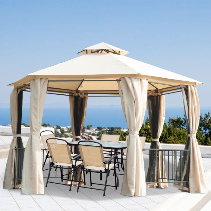 Outsunny Hexagon Gazebo Patio Canopy Party Tent Outdoor Garden Shelter W/ 2 Tier Roof & Side Panel - Beige