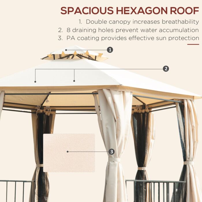 Outsunny Hexagon Gazebo Patio Canopy Party Tent Outdoor Garden Shelter W/ 2 Tier Roof & Side Panel - Beige