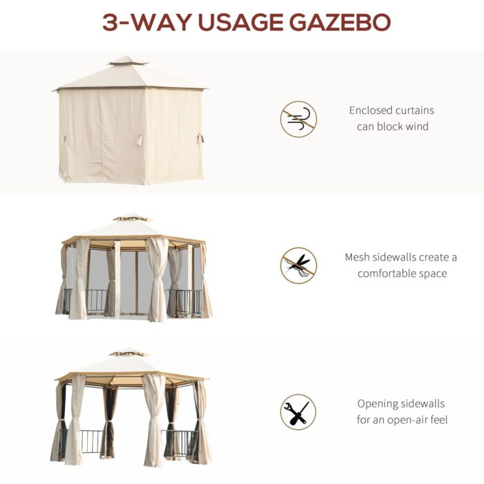 Outsunny Hexagon Gazebo Patio Canopy Party Tent Outdoor Garden Shelter W/ 2 Tier Roof & Side Panel - Beige