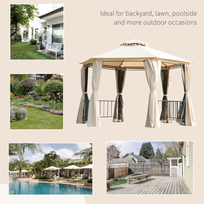 Outsunny Hexagon Gazebo Patio Canopy Party Tent Outdoor Garden Shelter W/ 2 Tier Roof & Side Panel - Beige