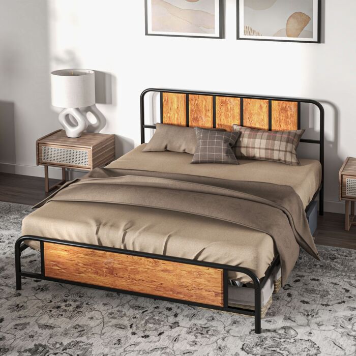 Homcom 31cm King Size Bed Frame, Industrial Bed Base With Headboard, Footboard, Steel Slat Support And Under Bed Storage, 160 X 207cm