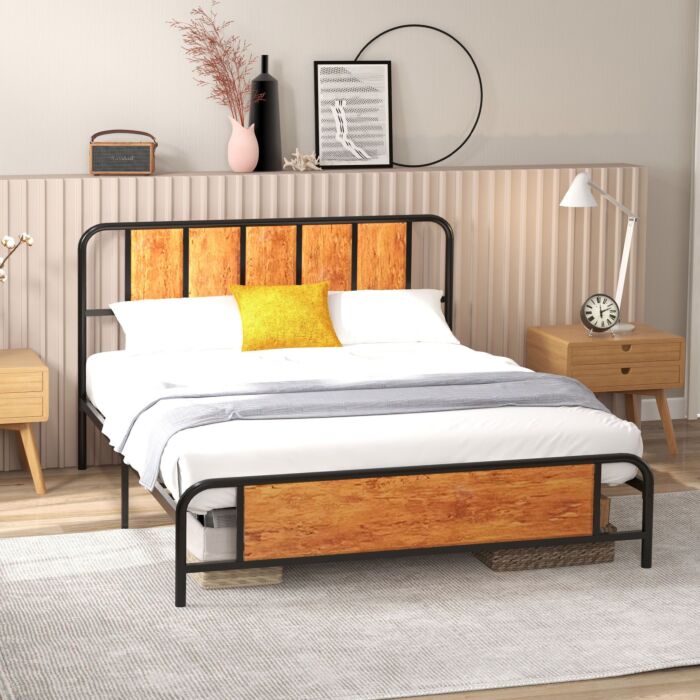 Homcom 31cm King Size Bed Frame, Industrial Bed Base With Headboard, Footboard, Steel Slat Support And Under Bed Storage, 160 X 207cm