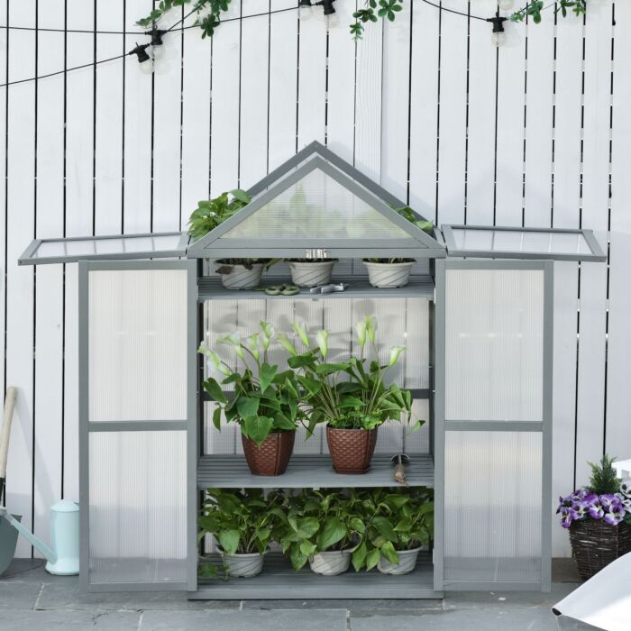 Outsunny 3-tier Wooden Cold Frame Greenhouse Garden Polycarbonate Grow House W/ Adjustable Shelves, Double Doors, 80 X 47 X 138cm, Grey