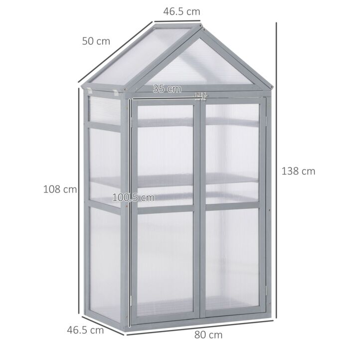 Outsunny 3-tier Wooden Cold Frame Greenhouse Garden Polycarbonate Grow House W/ Adjustable Shelves, Double Doors, 80 X 47 X 138cm, Grey