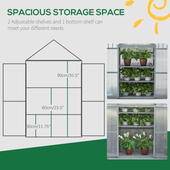 Outsunny 3-tier Wooden Cold Frame Greenhouse Garden Polycarbonate Grow House W/ Adjustable Shelves, Double Doors, 80 X 47 X 138cm, Grey